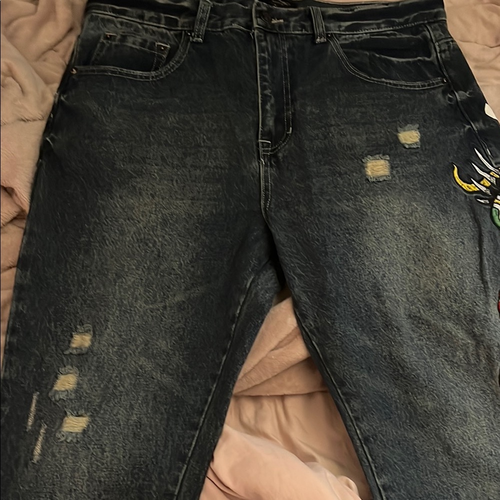 Ed Hardy Blue Relaxed Jeans with Signature Embroidery
